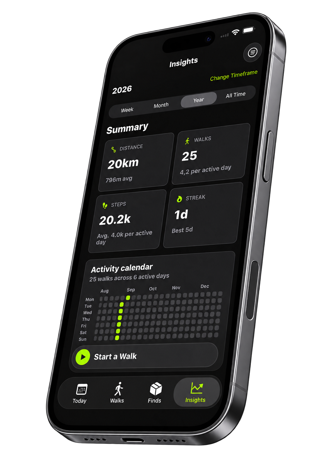 STEPOOO insights screen with distance, steps, walks, completion rate, and streak