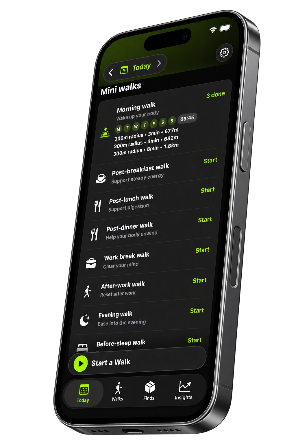 STEPOOO mini walks screen with short guided walking suggestions