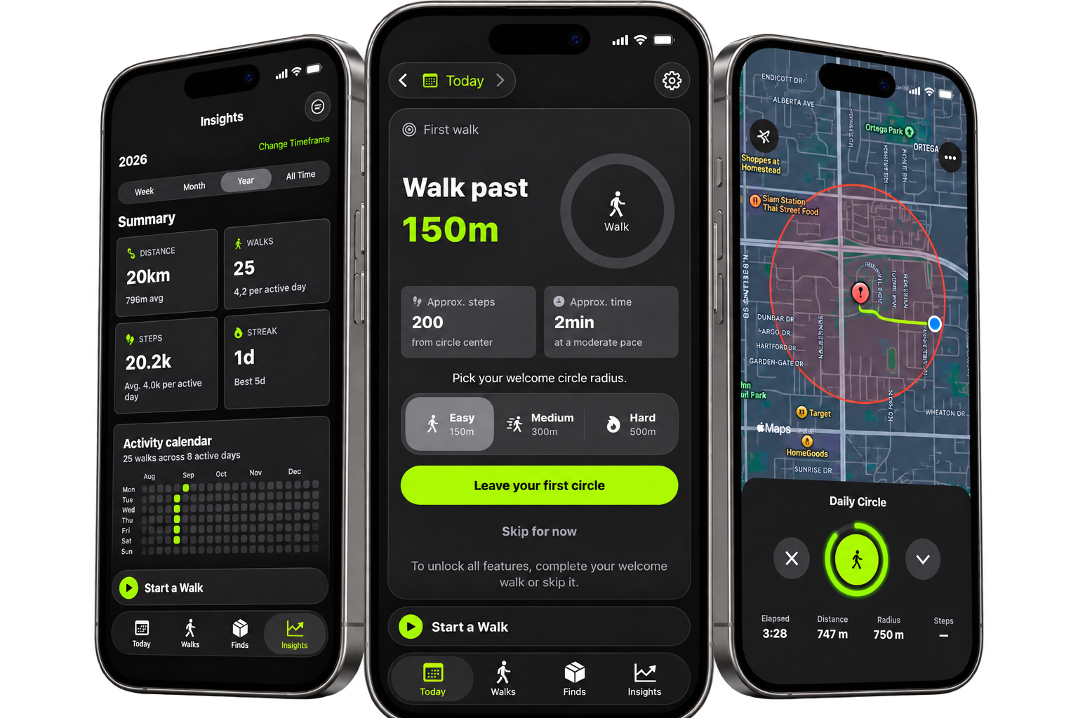 Three STEPOOO app screens showing today's challenge, insights, and map progress