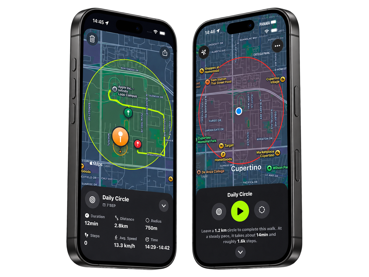 STEPOOO walking session map with a daily circle challenge
